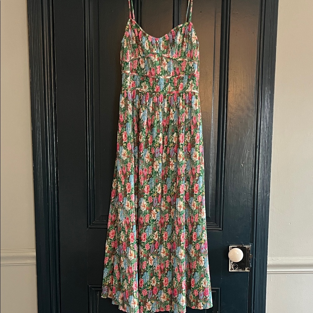 Zara Floral Pleated Maxi Dress — Green, Pink & Blue